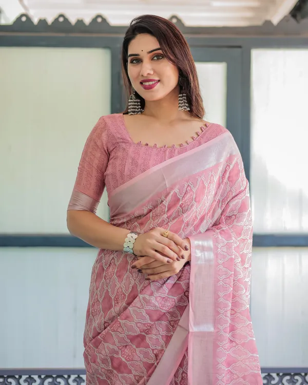 Elegant_Rose_Pink_Pure_Cotton_Linen_Saree_with_White_Thread_Work,_Matching_Blouse,_and_Tassel_Edges
