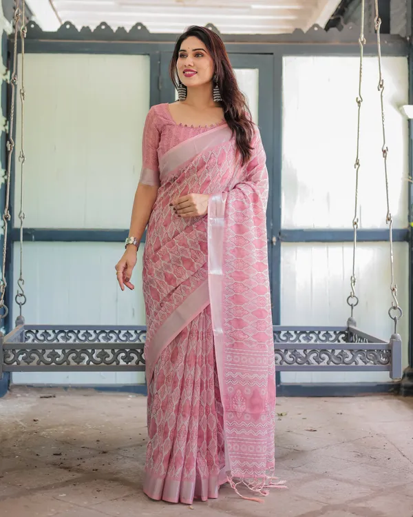Elegant_Rose_Pink_Pure_Cotton_Linen_Saree_with_White_Thread_Work,_Matching_Blouse,_and_Tassel_Edges