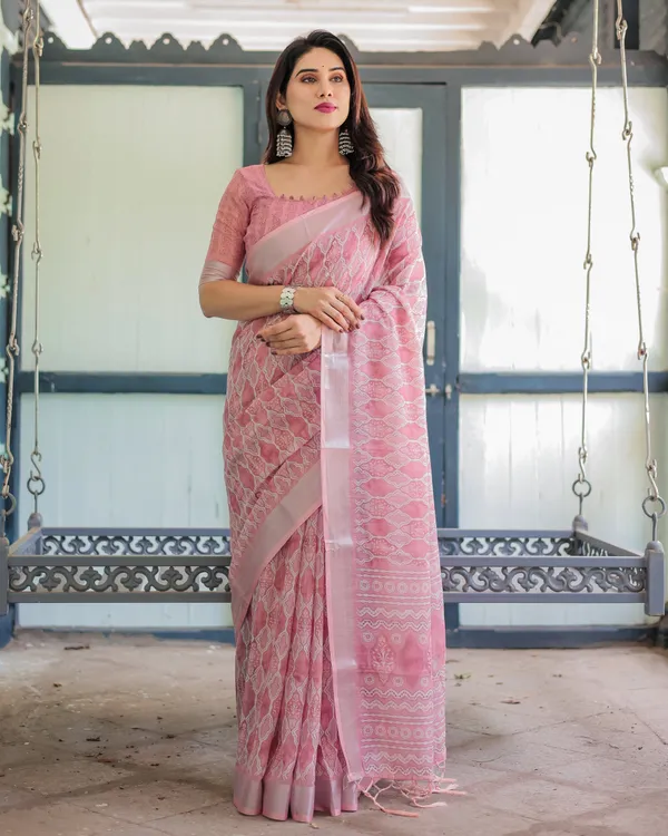Elegant_Rose_Pink_Pure_Cotton_Linen_Saree_with_White_Thread_Work,_Matching_Blouse,_and_Tassel_Edges