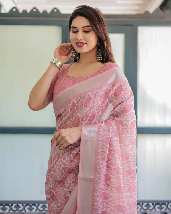 Elegant_Rose_Pink_Pure_Cotton_Linen_Saree_with_White_Thread_Work,_Matching_Blouse,_and_Tassel_Edges