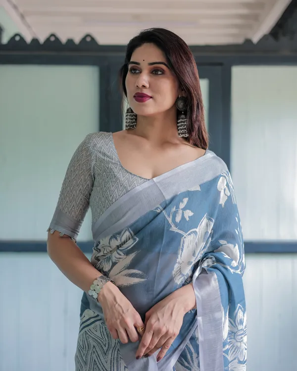 Pastel_Blue_Floral_and_Geometric_Printed_Cotton_Linen_Saree_with_Blouse_and_Tassel_Edges