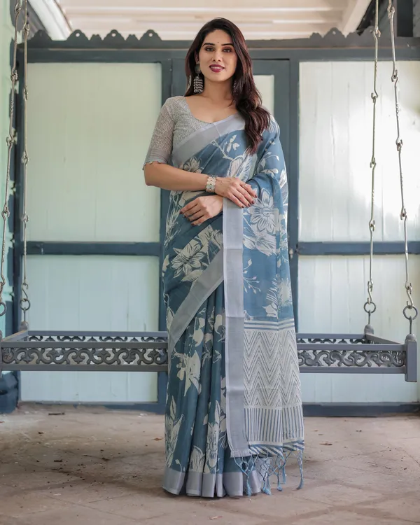 Pastel_Blue_Floral_and_Geometric_Printed_Cotton_Linen_Saree_with_Blouse_and_Tassel_Edges