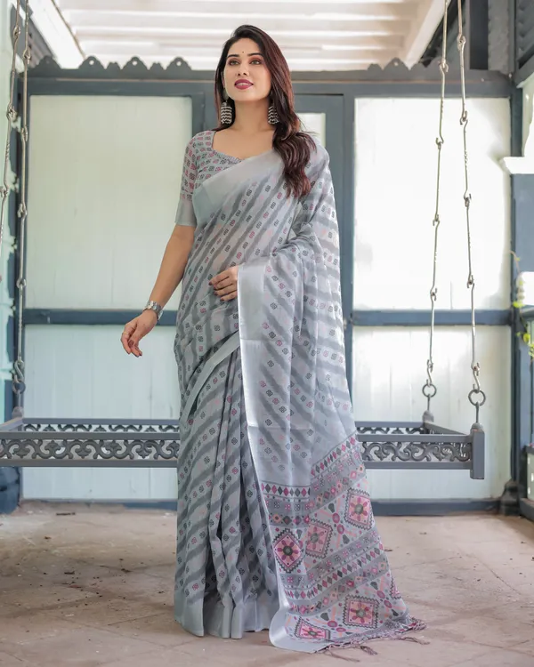Grey_Pastel_Geometric_&_Floral_Print_Pure_Cotton_Linen_Saree_with_Blouse_and_Tassels
