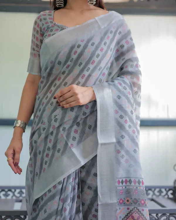 Grey_Pastel_Geometric_&_Floral_Print_Pure_Cotton_Linen_Saree_with_Blouse_and_Tassels