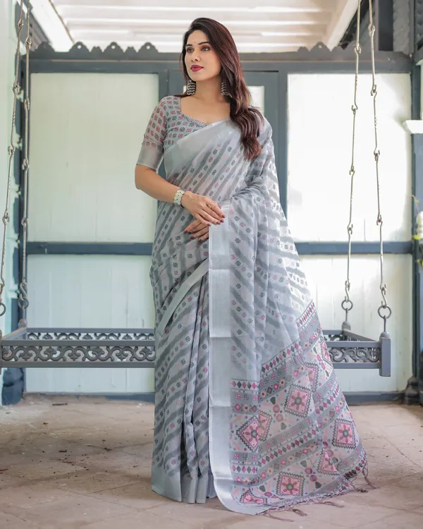 Grey_Pastel_Geometric_&_Floral_Print_Pure_Cotton_Linen_Saree_with_Blouse_and_Tassels