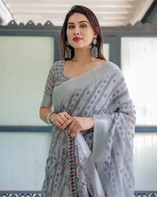 Grey_Pastel_Geometric_&_Floral_Print_Pure_Cotton_Linen_Saree_with_Blouse_and_Tassels