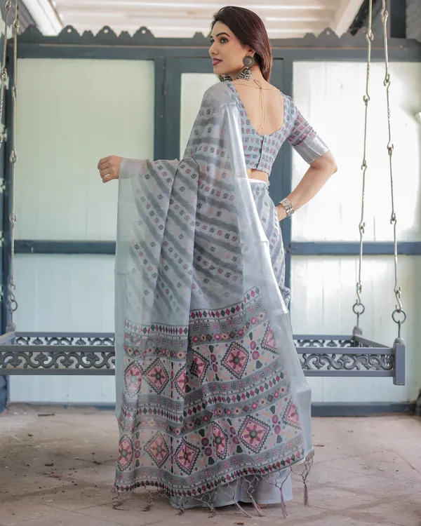 Grey_Pastel_Geometric_&_Floral_Print_Pure_Cotton_Linen_Saree_with_Blouse_and_Tassels