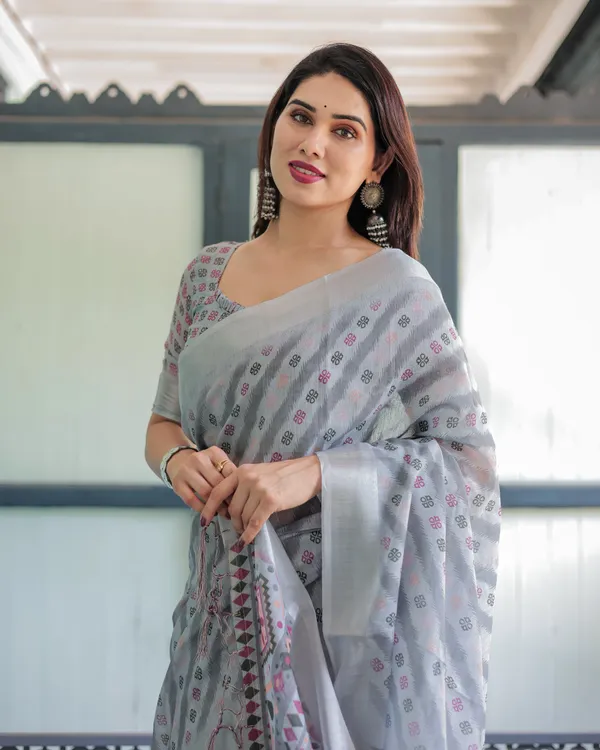 Grey_Pastel_Geometric_&_Floral_Print_Pure_Cotton_Linen_Saree_with_Blouse_and_Tassels