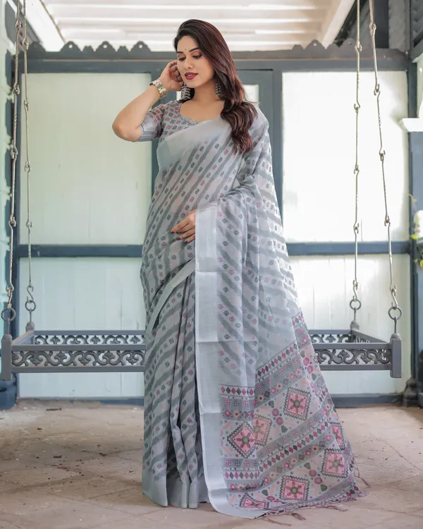Grey_Pastel_Geometric_&_Floral_Print_Pure_Cotton_Linen_Saree_with_Blouse_and_Tassels