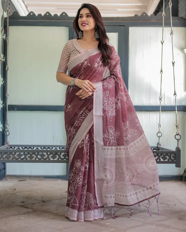 Maroon_Floral_Printed_Pure_Cotton_Linen_Saree_with_Blouse_and_Tassels