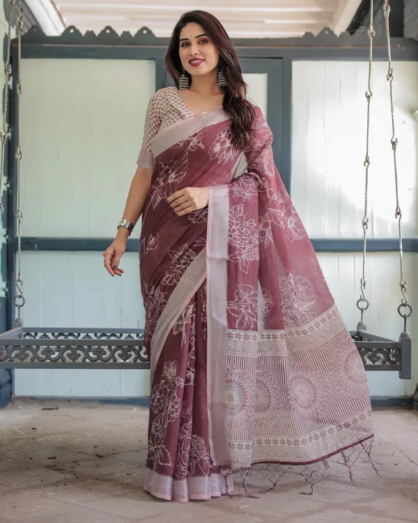 Maroon_Floral_Printed_Pure_Cotton_Linen_Saree_with_Blouse_and_Tassels