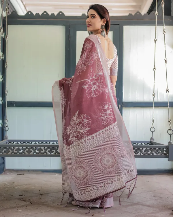 Maroon_Floral_Printed_Pure_Cotton_Linen_Saree_with_Blouse_and_Tassels