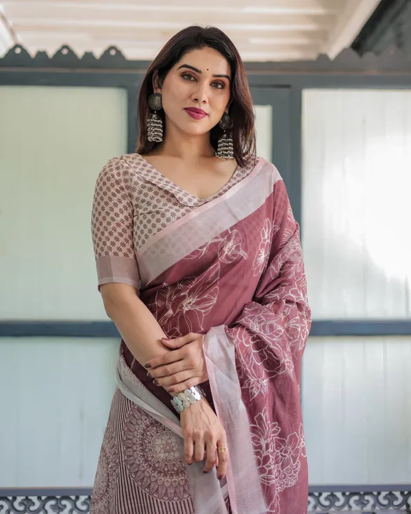 Maroon_Floral_Printed_Pure_Cotton_Linen_Saree_with_Blouse_and_Tassels