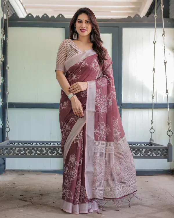 Maroon_Floral_Printed_Pure_Cotton_Linen_Saree_with_Blouse_and_Tassels