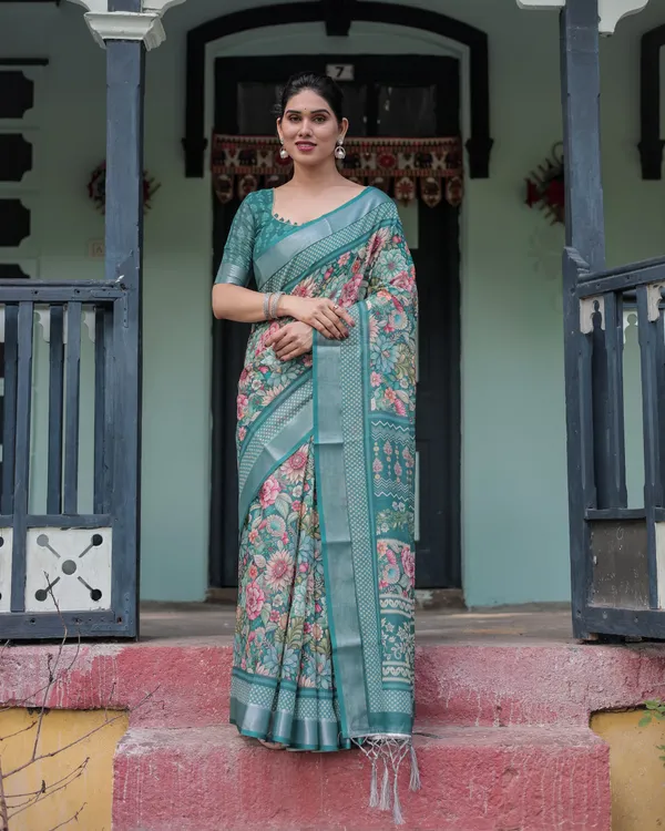 Teal_Green_Floral_Printed_Pure_Cotton_Linen_Saree_with_Blouse_and_Tassels_on_Edges