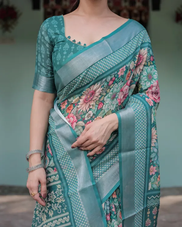 Teal_Green_Floral_Printed_Pure_Cotton_Linen_Saree_with_Blouse_and_Tassels_on_Edges