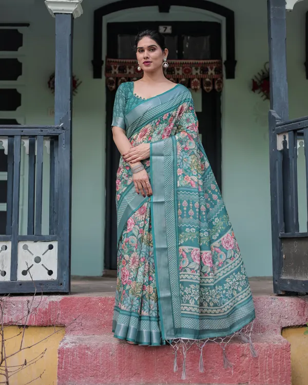 Teal_Green_Floral_Printed_Pure_Cotton_Linen_Saree_with_Blouse_and_Tassels_on_Edges