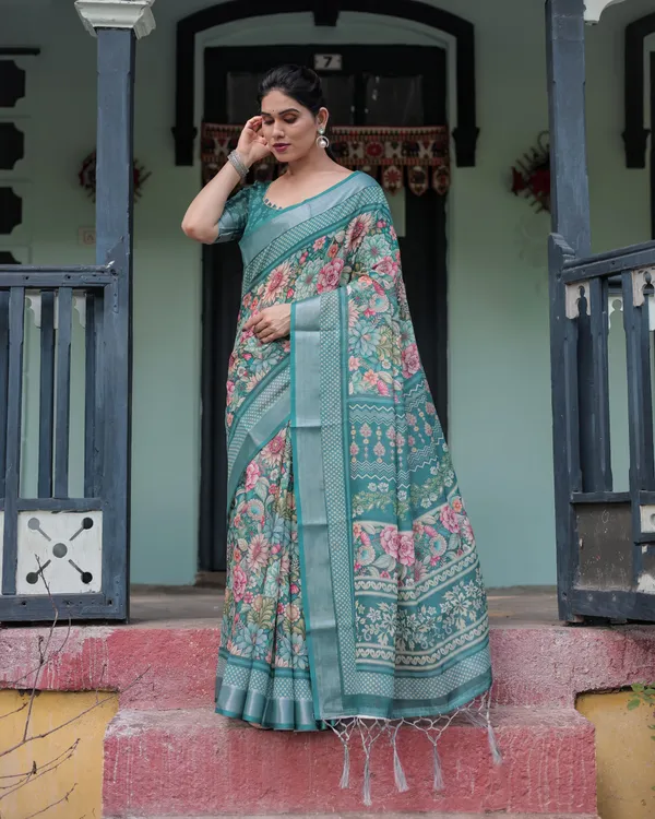 Teal_Green_Floral_Printed_Pure_Cotton_Linen_Saree_with_Blouse_and_Tassels_on_Edges