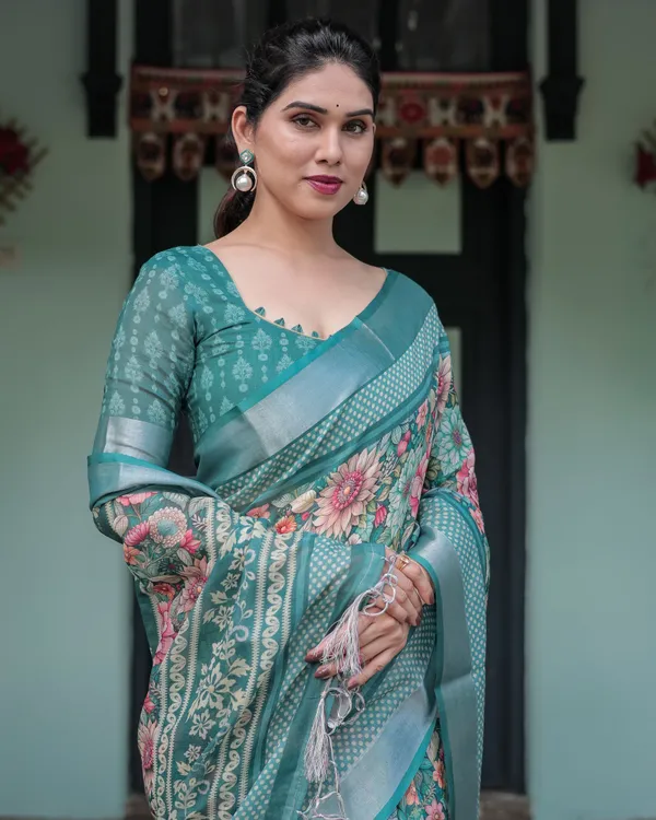 Teal_Green_Floral_Printed_Pure_Cotton_Linen_Saree_with_Blouse_and_Tassels_on_Edges