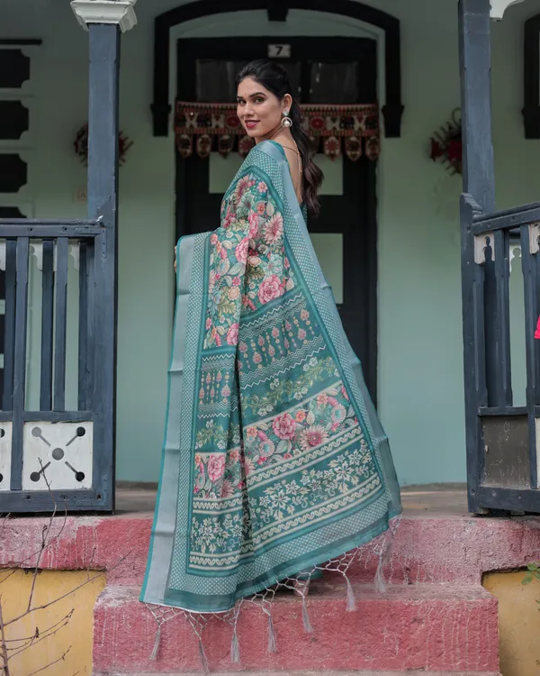 Teal_Green_Floral_Printed_Pure_Cotton_Linen_Saree_with_Blouse_and_Tassels_on_Edges