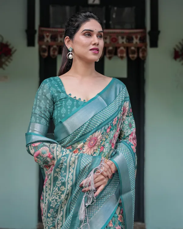 Teal_Green_Floral_Printed_Pure_Cotton_Linen_Saree_with_Blouse_and_Tassels_on_Edges