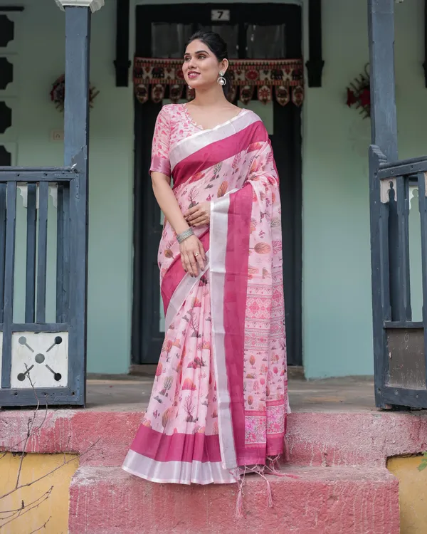 Soft_Pink_and_Magenta_Floral_&_Foliage_Print_Cotton_Linen_Saree_with_Blouse_and_Tassel_Finish