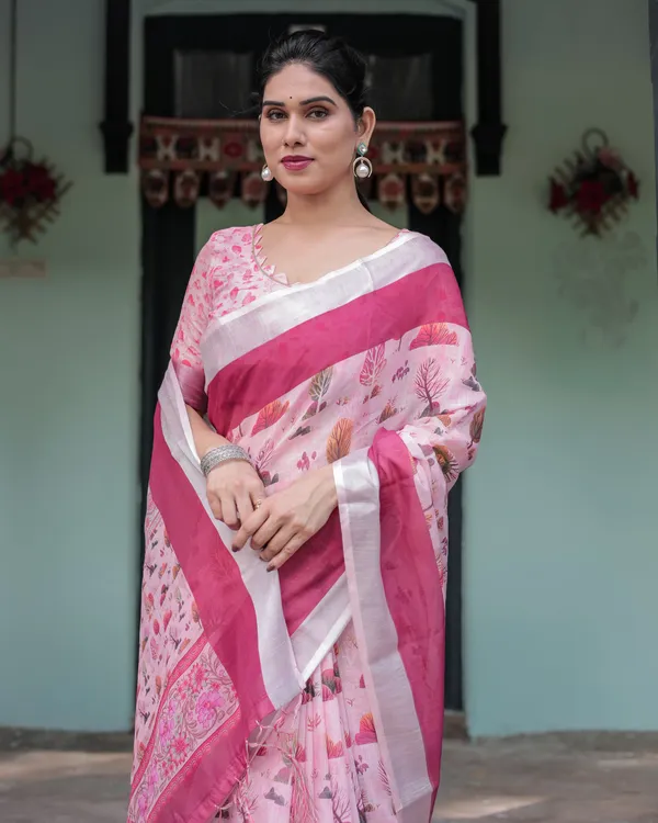 Soft_Pink_and_Magenta_Floral_&_Foliage_Print_Cotton_Linen_Saree_with_Blouse_and_Tassel_Finish