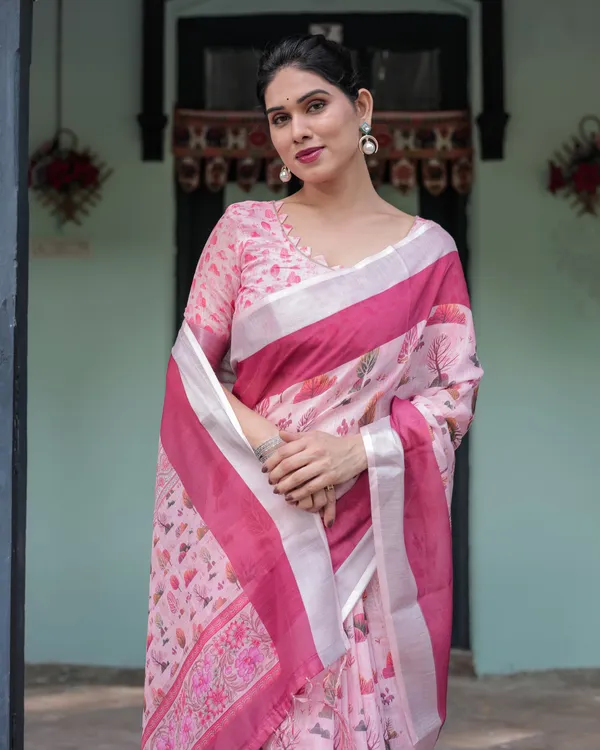 Soft_Pink_and_Magenta_Floral_&_Foliage_Print_Cotton_Linen_Saree_with_Blouse_and_Tassel_Finish