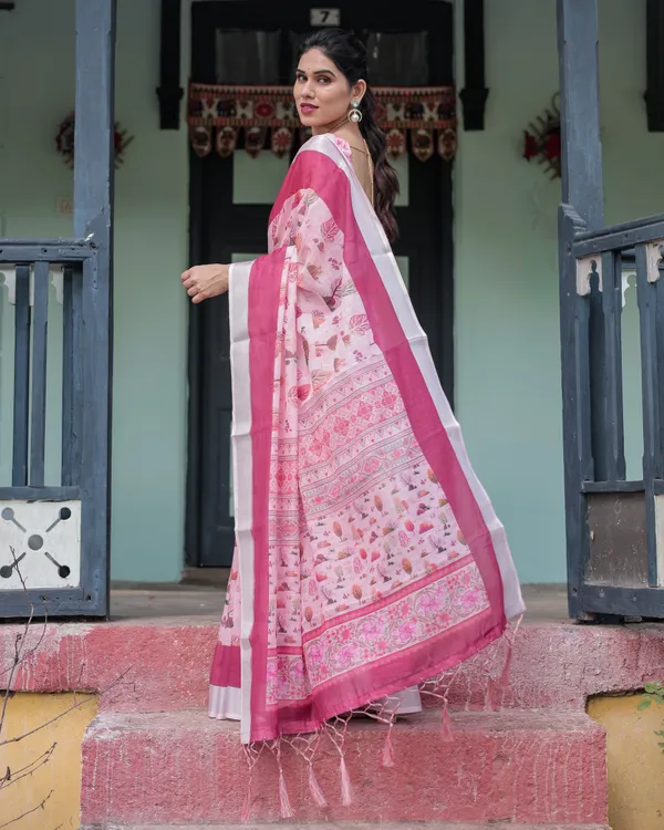Soft_Pink_and_Magenta_Floral_&_Foliage_Print_Cotton_Linen_Saree_with_Blouse_and_Tassel_Finish