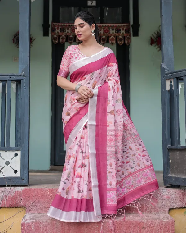 Soft_Pink_and_Magenta_Floral_&_Foliage_Print_Cotton_Linen_Saree_with_Blouse_and_Tassel_Finish