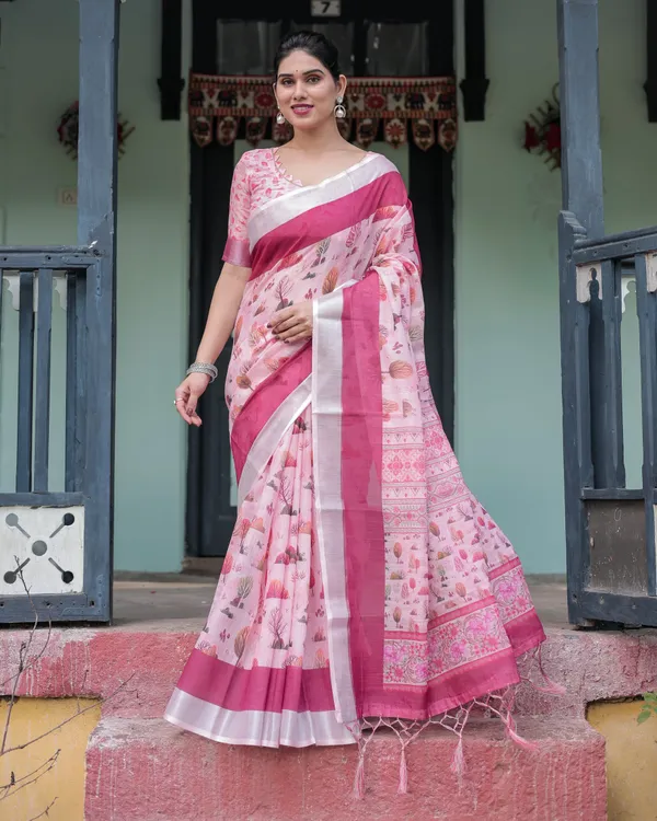 Soft_Pink_and_Magenta_Floral_&_Foliage_Print_Cotton_Linen_Saree_with_Blouse_and_Tassel_Finish