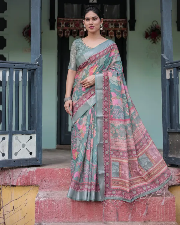 Pink_and_Maroon_Pure_Cotton_Linen_Saree_with_Blouse_and_Tassels_-_Floral_Design_with_Leaf_Patterns