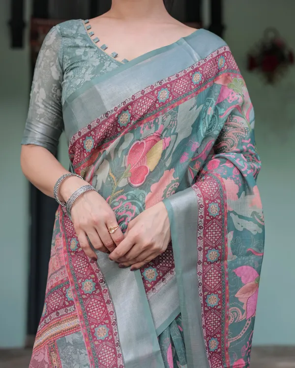 Pink_and_Maroon_Pure_Cotton_Linen_Saree_with_Blouse_and_Tassels_-_Floral_Design_with_Leaf_Patterns