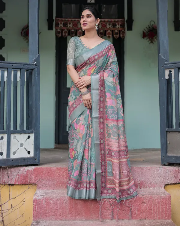 Pink_and_Maroon_Pure_Cotton_Linen_Saree_with_Blouse_and_Tassels_-_Floral_Design_with_Leaf_Patterns