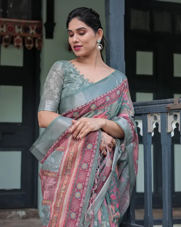 Pink_and_Maroon_Pure_Cotton_Linen_Saree_with_Blouse_and_Tassels_-_Floral_Design_with_Leaf_Patterns