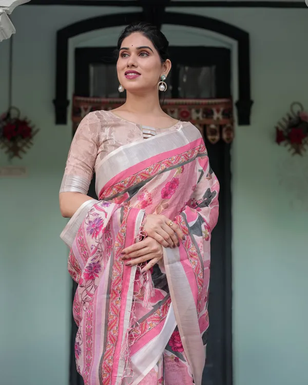 Elegant_Pink_and_White_Pure_Cotton_Linen_Saree_with_Floral_and_Foliage_Prints,_Contrast_Border,_and_Tassels