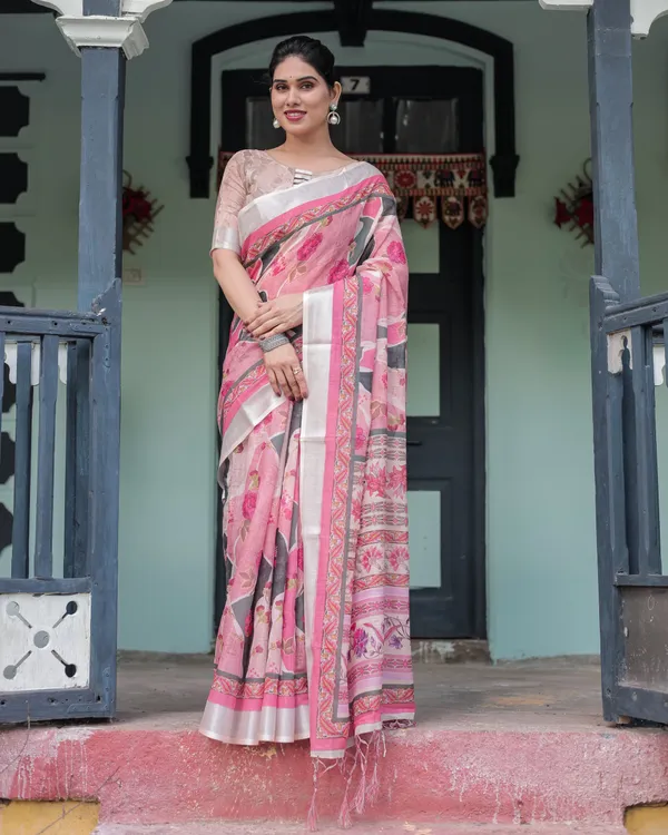 Elegant_Pink_and_White_Pure_Cotton_Linen_Saree_with_Floral_and_Foliage_Prints,_Contrast_Border,_and_Tassels