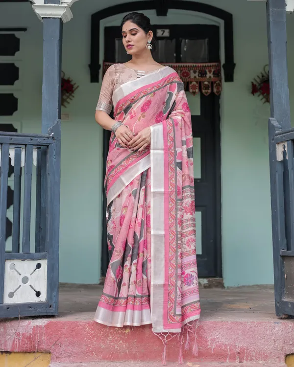 Elegant_Pink_and_White_Pure_Cotton_Linen_Saree_with_Floral_and_Foliage_Prints,_Contrast_Border,_and_Tassels