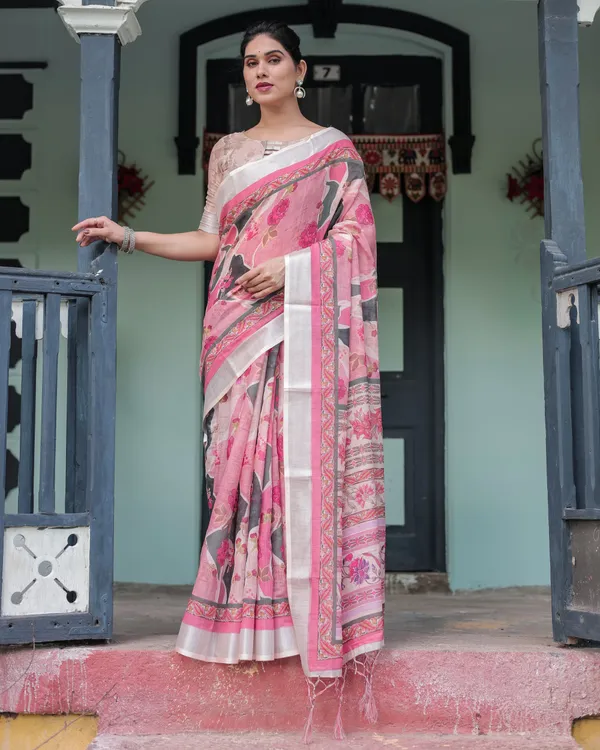 Elegant_Pink_and_White_Pure_Cotton_Linen_Saree_with_Floral_and_Foliage_Prints,_Contrast_Border,_and_Tassels