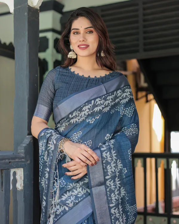 Indigo_Blue_Pure_Cotton_Linen_Saree_with_White_Floral_Pattern,_Blouse_&_Tassel_Details