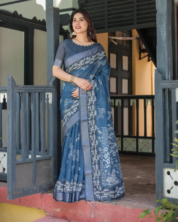 Indigo_Blue_Pure_Cotton_Linen_Saree_with_White_Floral_Pattern,_Blouse_&_Tassel_Details