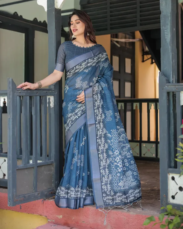 Indigo_Blue_Pure_Cotton_Linen_Saree_with_White_Floral_Pattern,_Blouse_&_Tassel_Details