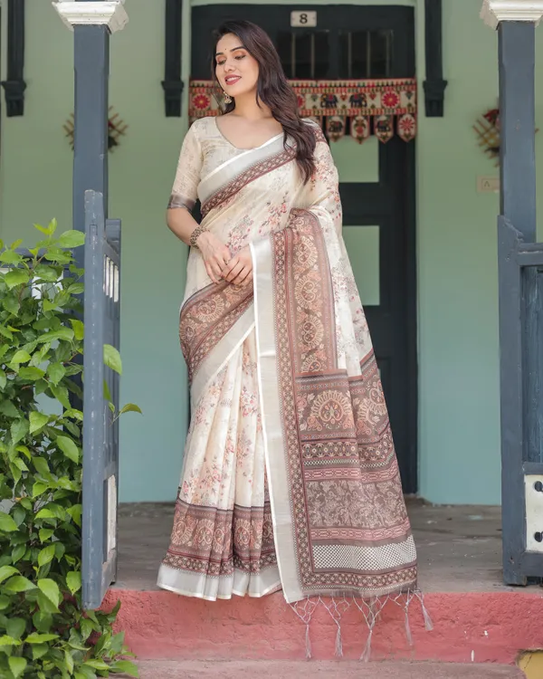 Cream_and_Brown_Floral_Print_Pure_Cotton_Linen_Saree_with_Blouse_and_Tassels_on_Edges