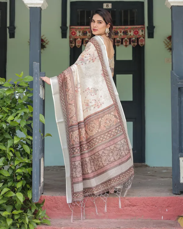 Cream_and_Brown_Floral_Print_Pure_Cotton_Linen_Saree_with_Blouse_and_Tassels_on_Edges