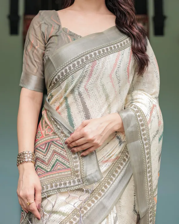 Cream_and_Olive_Green_Pure_Cotton_Linen_Saree_with_Floral_and_Geometric_Print_and_Tassels_on_Edges