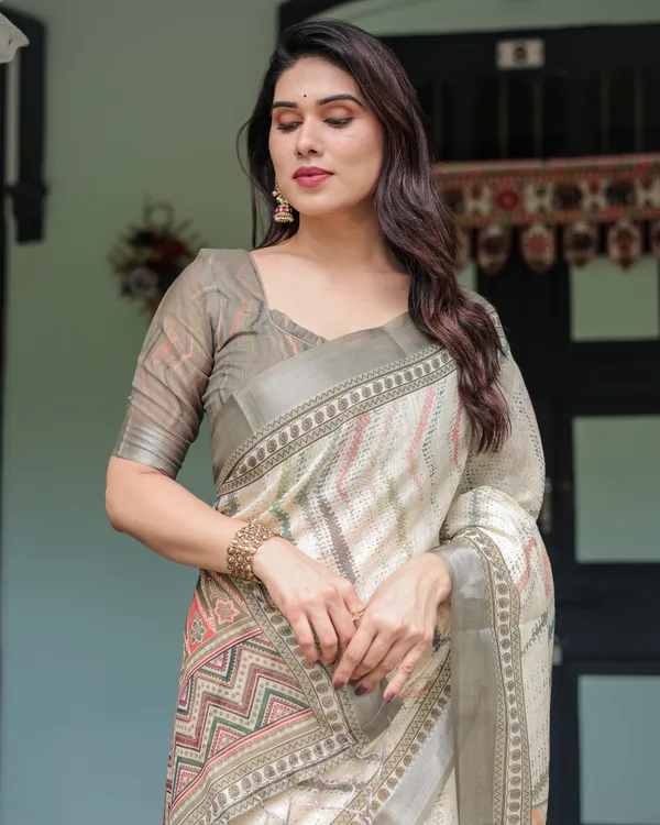 Cream_and_Olive_Green_Pure_Cotton_Linen_Saree_with_Floral_and_Geometric_Print_and_Tassels_on_Edges