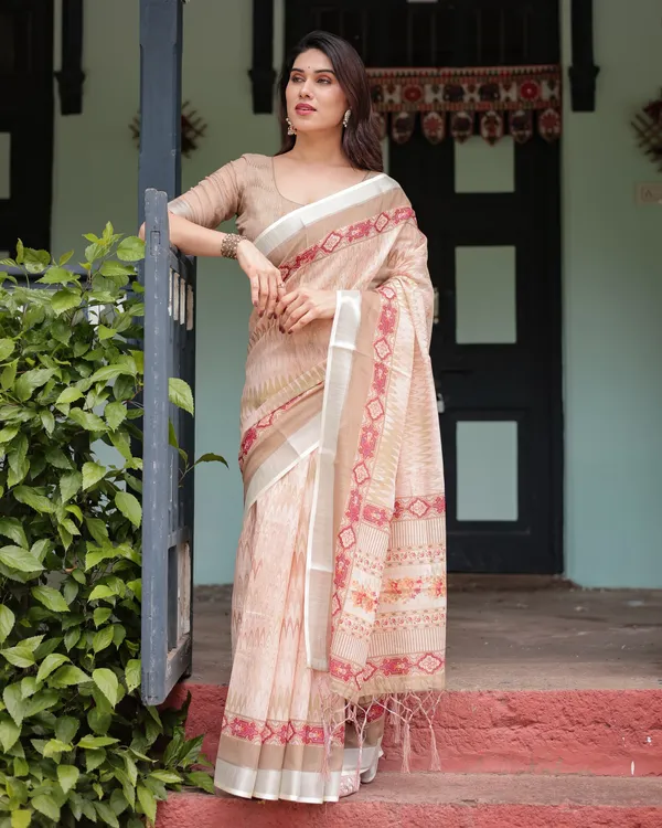 Beige_and_Pink_Floral_Printed_Pure_Cotton_Linen_Saree_with_Blouse_and_Tassels_on_Edges