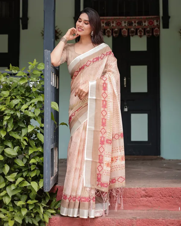 Beige_and_Pink_Floral_Printed_Pure_Cotton_Linen_Saree_with_Blouse_and_Tassels_on_Edges