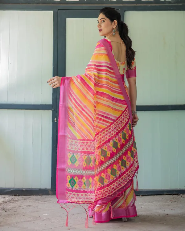 Vibrant_Yellow_and_Pink_Ikat_Printed_Cotton_Linen_Saree_with_Blouse_and_Tassels