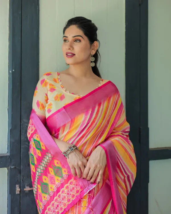 Vibrant_Yellow_and_Pink_Ikat_Printed_Cotton_Linen_Saree_with_Blouse_and_Tassels